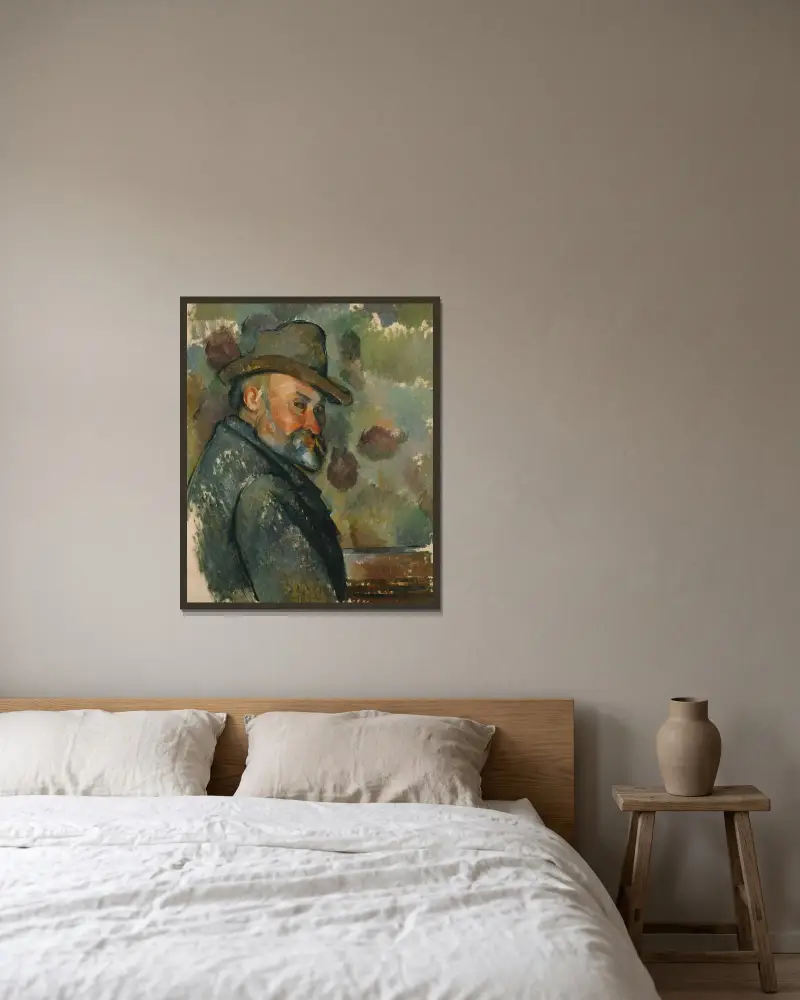 Cézanne coiffé d’un chapeau mou av Paul Cézanne inramad på en vägg
