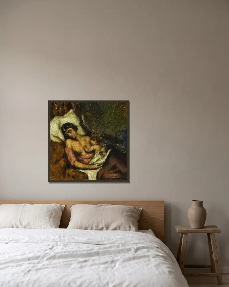 Kvinna som ammar sitt barn av Paul Cézanne inramad på en vägg