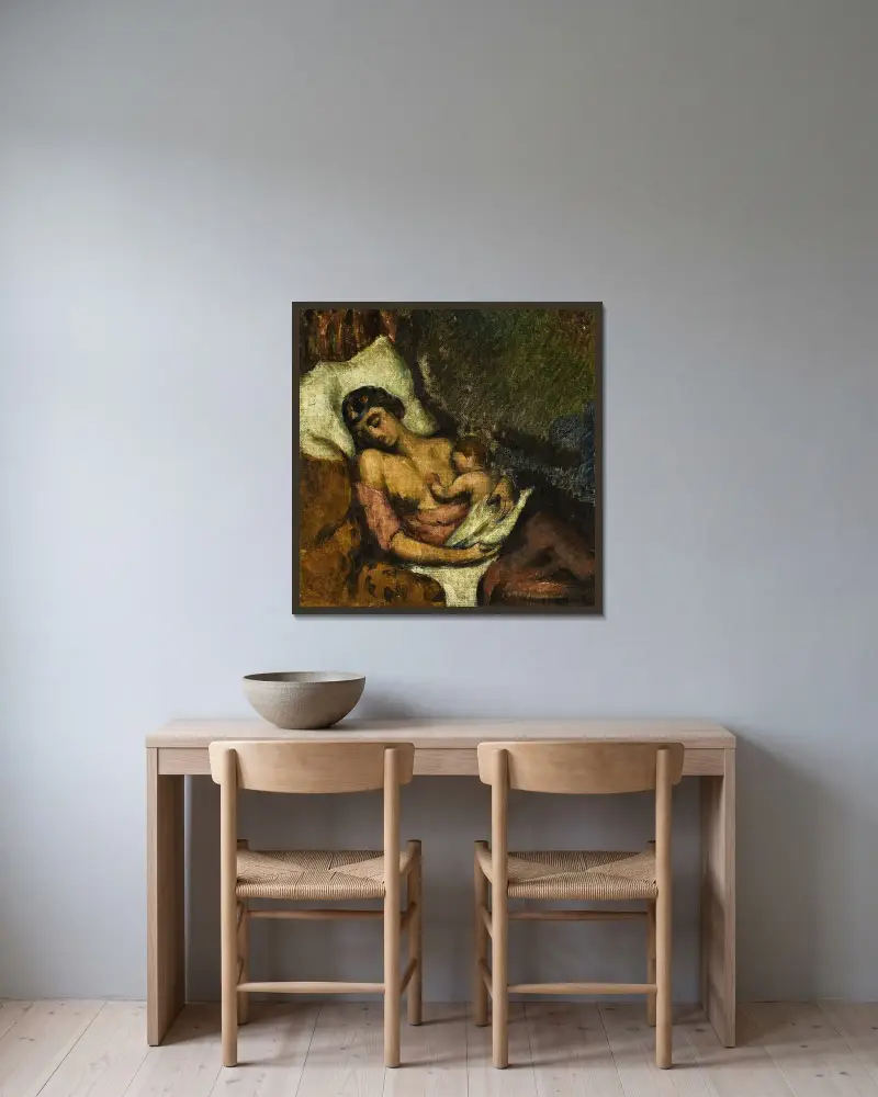 Kvinna som ammar sitt barn av Paul Cézanne inramad på en vägg