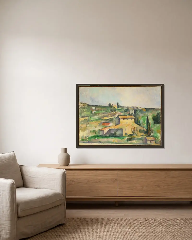 Felder bei Bellevue von Paul Cézanne gerahmt an einer Wand