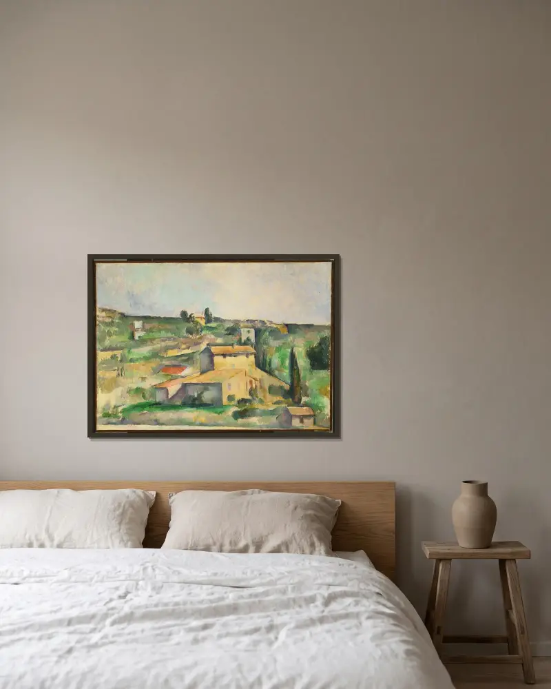 Felder bei Bellevue von Paul Cézanne gerahmt an einer Wand
