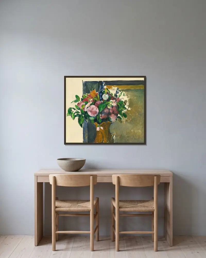 Fleurs Dans Un Vase Rouge av Paul Cézanne inramad på en vägg