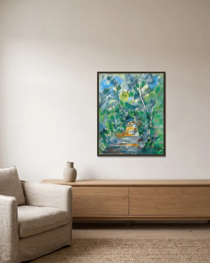 Lesní scéna (Cesta z Mas Jolie k Château Noir), Paul Cézanne v rámu na stěně