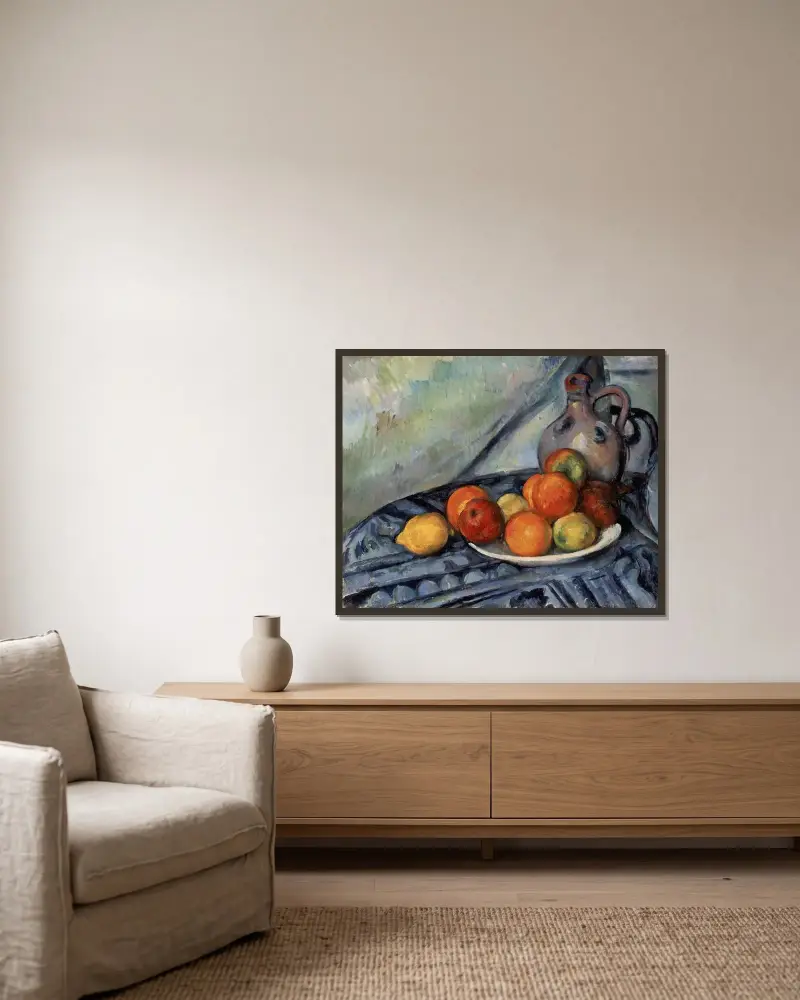 Fruit and a Jug on a Table av Paul Cézanne inramad på en vägg