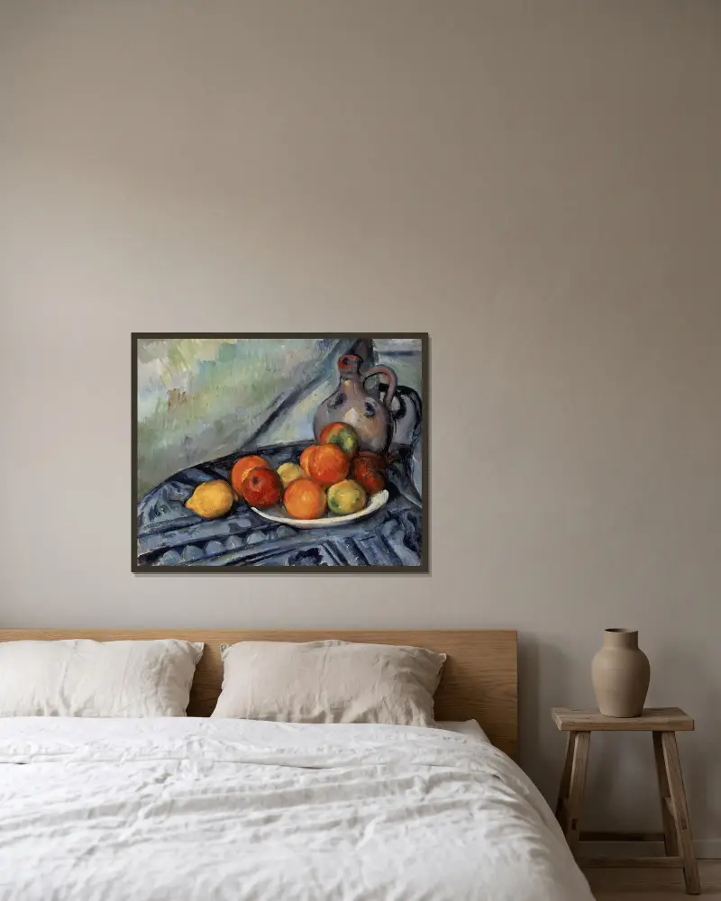 Fruit and a Jug on a Table av Paul Cézanne inramad på en vägg