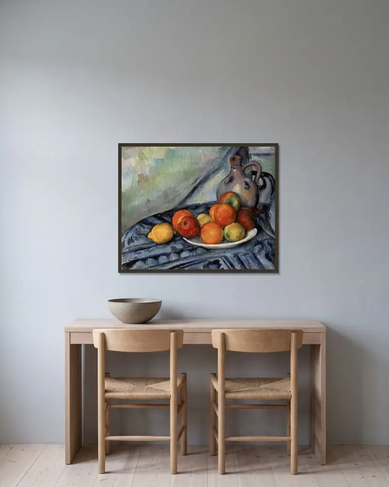 Fruit and a Jug on a Table av Paul Cézanne inramad på en vägg