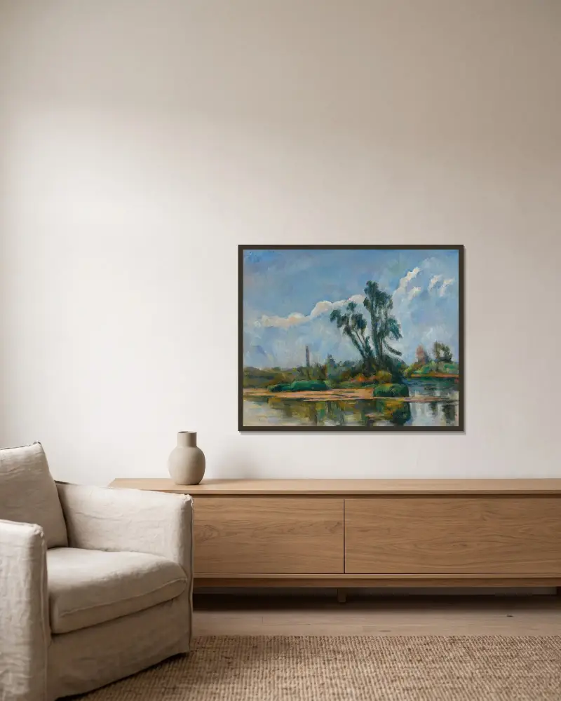 Der Fluss von Paul Cézanne gerahmt an einer Wand