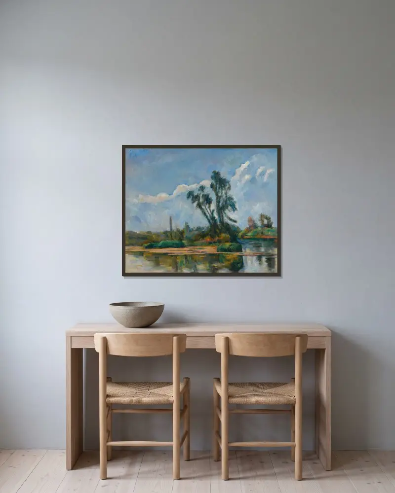 Der Fluss von Paul Cézanne gerahmt an einer Wand