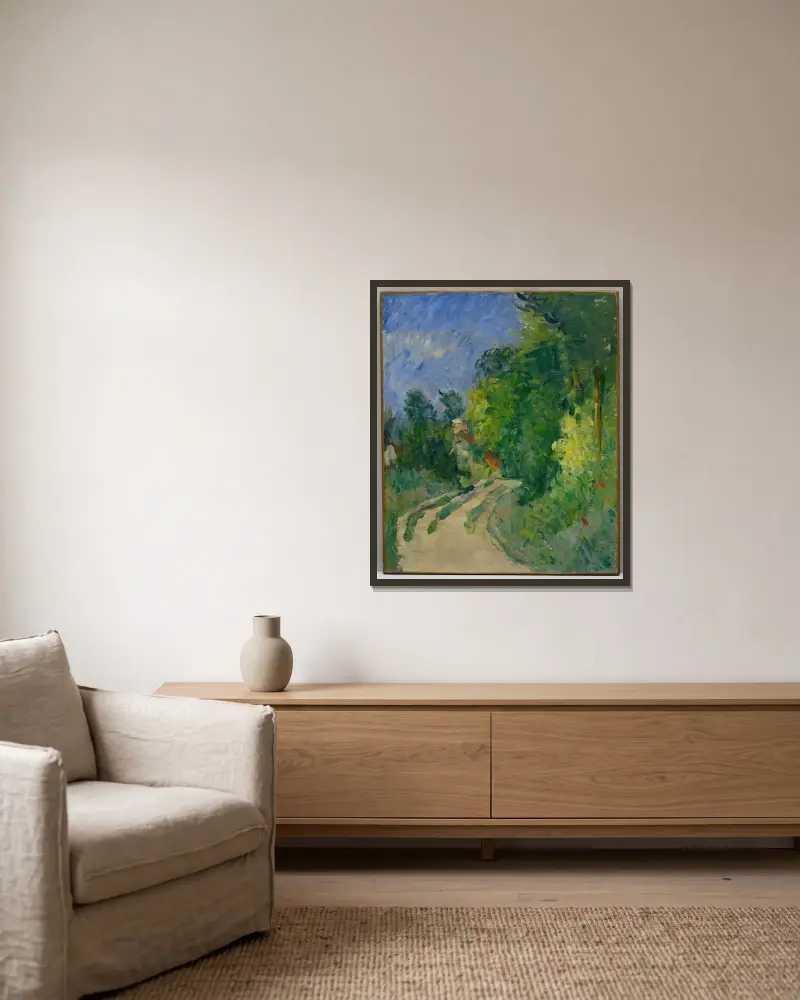 La Route tournante en sous-bois av Paul Cézanne inramad på en vägg