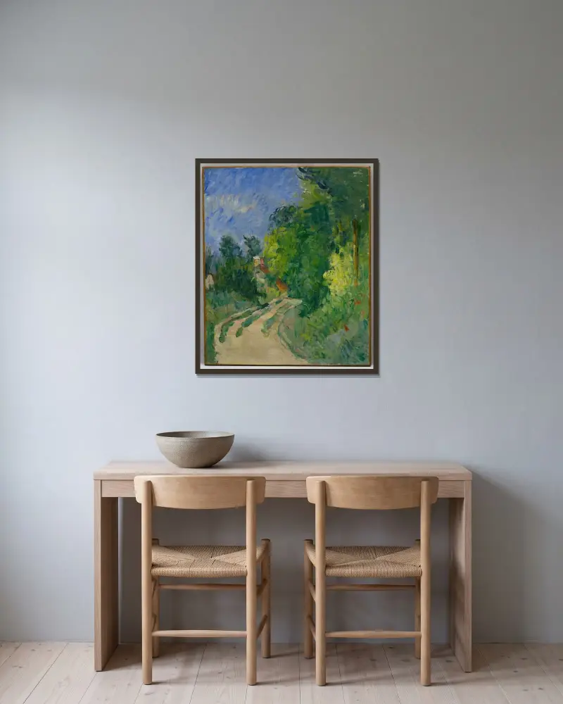 La Route tournante en sous-bois av Paul Cézanne inramad på en vägg