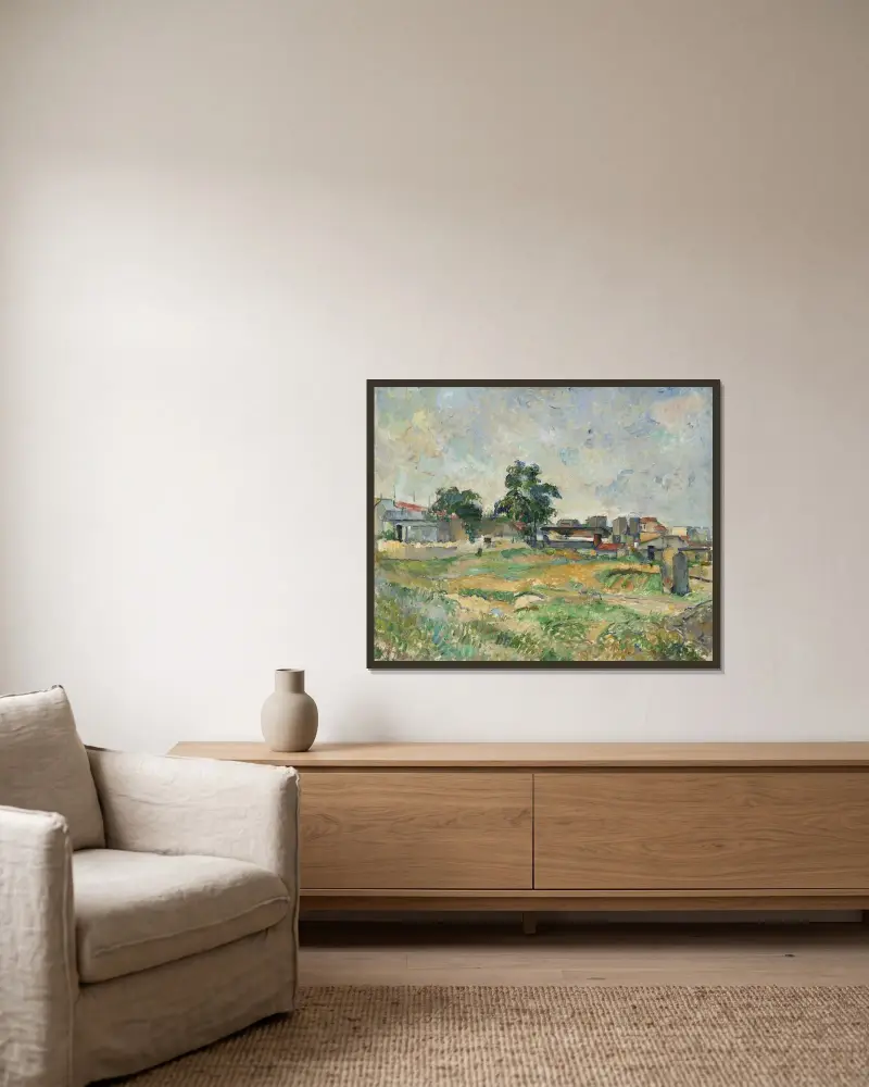 Landschaft bei Paris von Paul Cézanne gerahmt an einer Wand