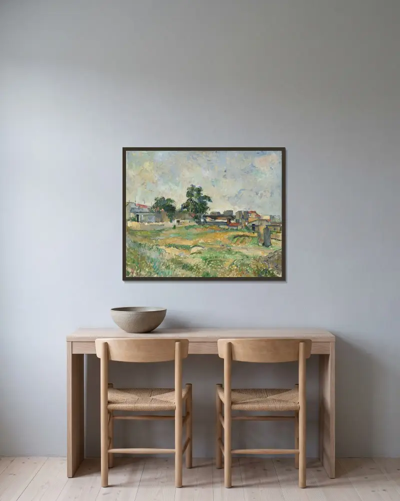 Landschaft bei Paris von Paul Cézanne gerahmt an einer Wand