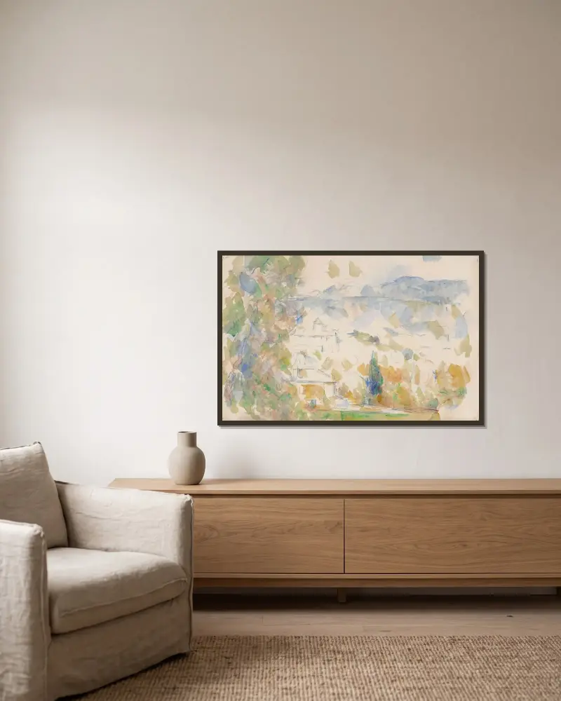 Les Bastides Lou Deven et Barbaroux av Paul Cézanne inramad på en vägg