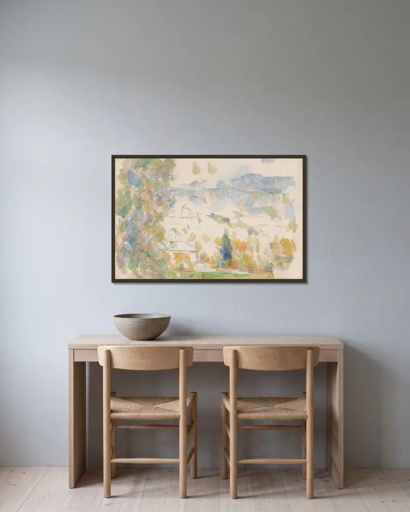 Les Bastides Lou Deven et Barbaroux av Paul Cézanne inramad på en vägg