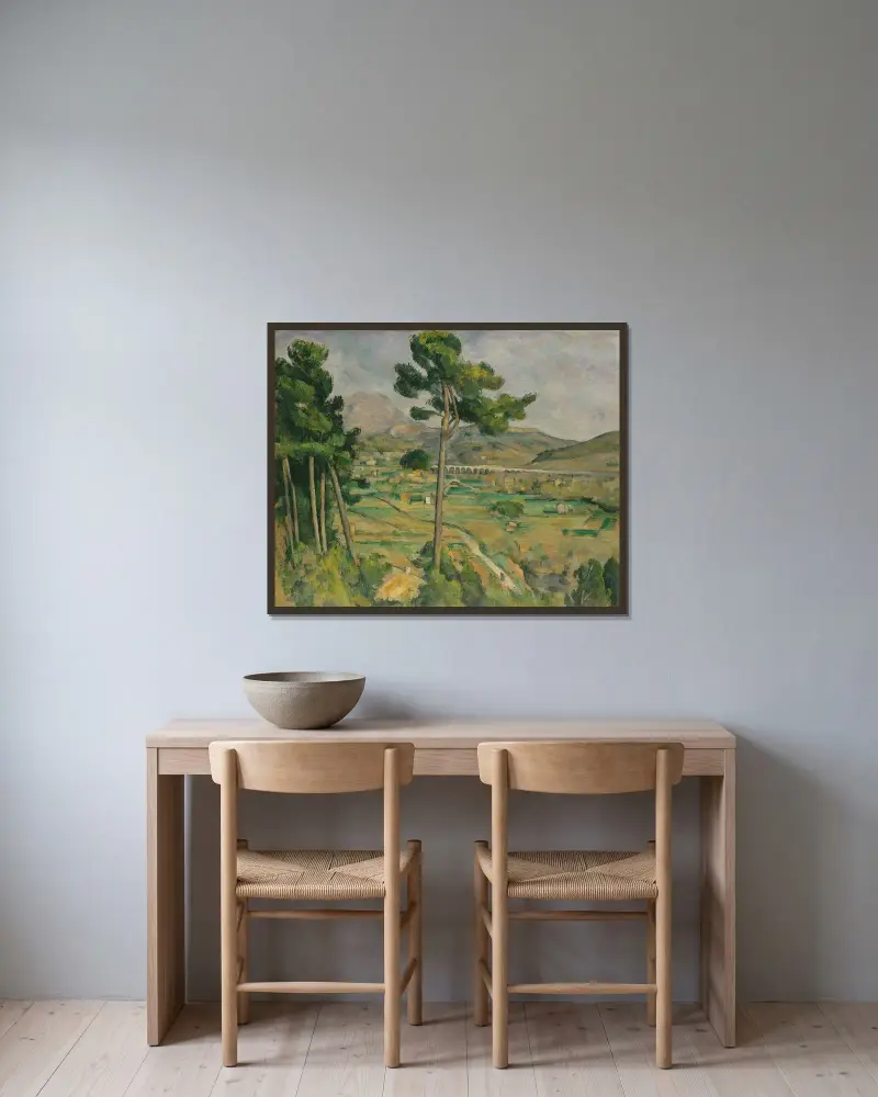 Mont Sainte-Victoire och viadukten över Arc-dalen av Paul Cézanne inramad på en vägg