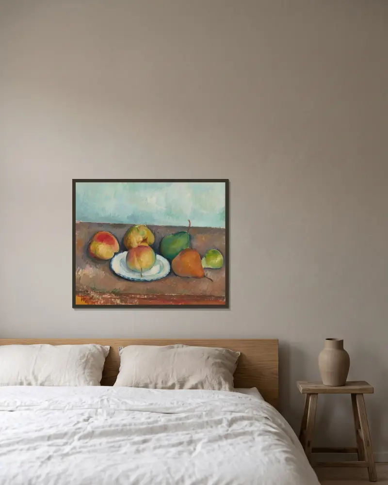 Nature morte; pommes et poires av Paul Cézanne inramad på en vägg