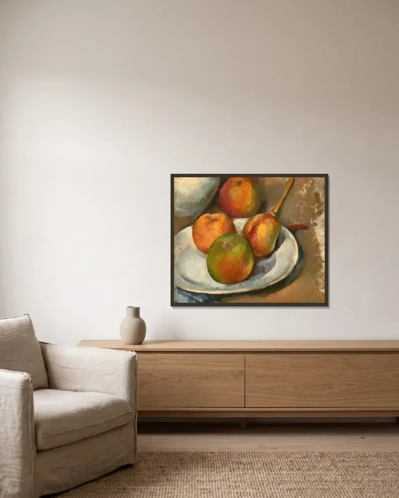 Quatre pommes et un couteau av Paul Cézanne inramad på en vägg