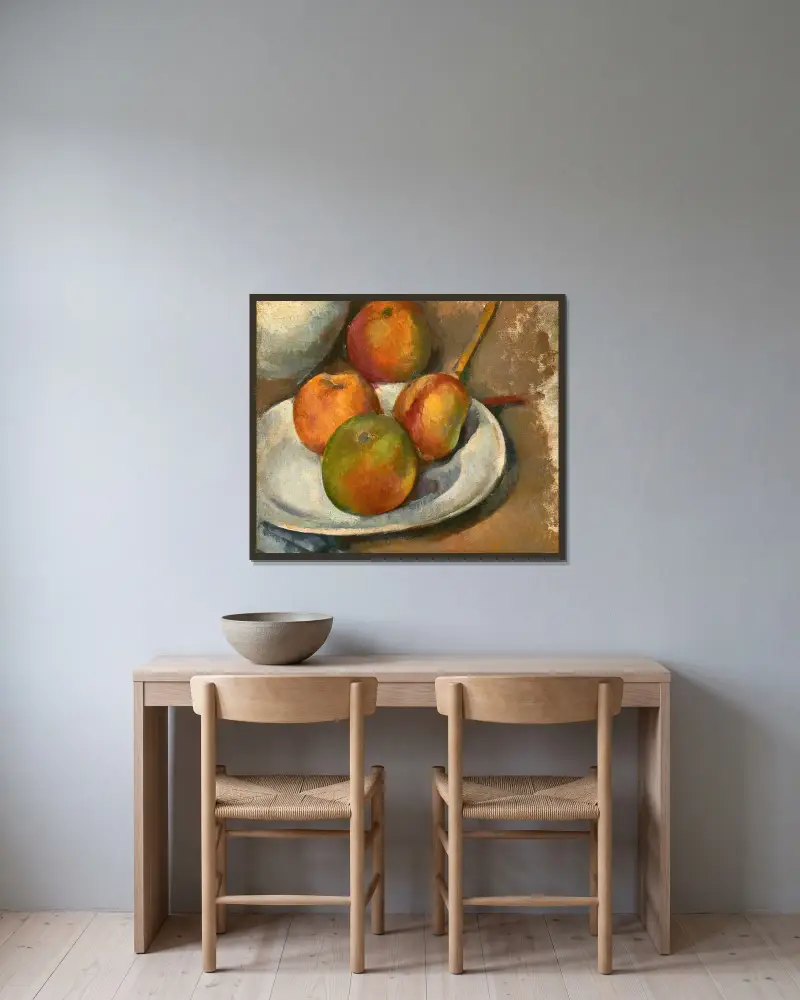 Quatre pommes et un couteau av Paul Cézanne inramad på en vägg