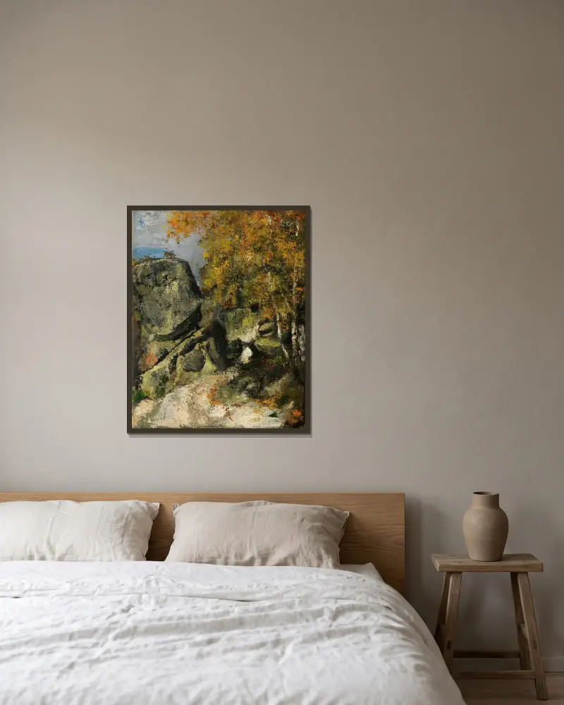 Rochers Dans La Fôret, Fontainebleau av Paul Cézanne inramad på en vägg