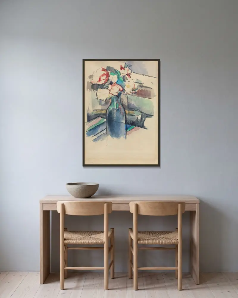Rosen in einer Flasche von Paul Cézanne gerahmt an einer Wand