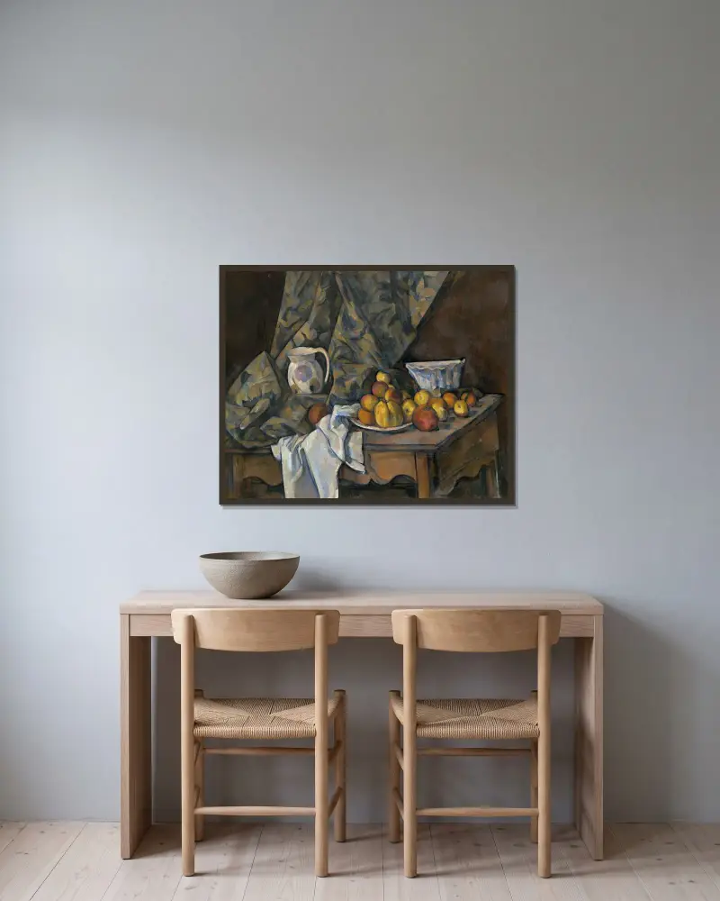Still Life with Apples and Peaches av Paul Cézanne inramad på en vägg