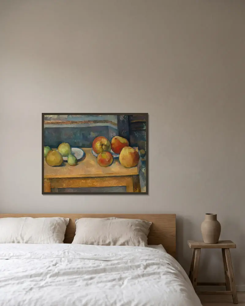 Stilleben med äpplen och päron av Paul Cézanne inramad på en vägg