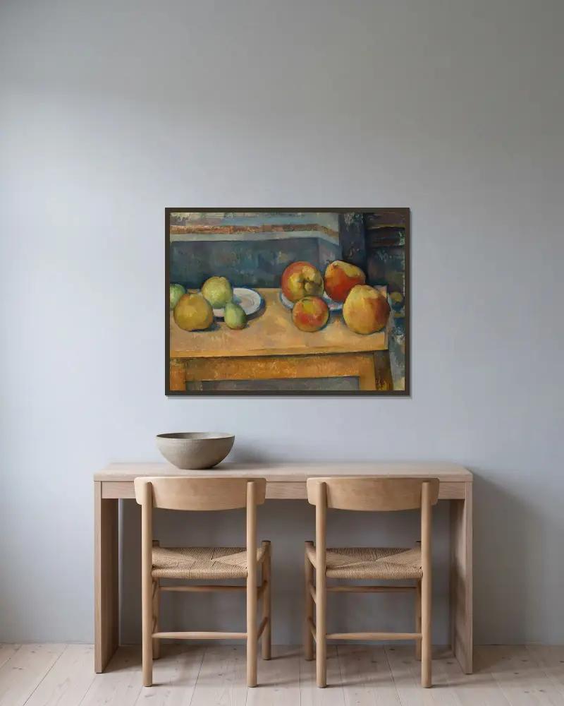 Stilleben med äpplen och päron av Paul Cézanne inramad på en vägg