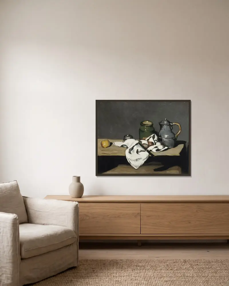 Stillleben mit Kessel von Paul Cézanne gerahmt an einer Wand