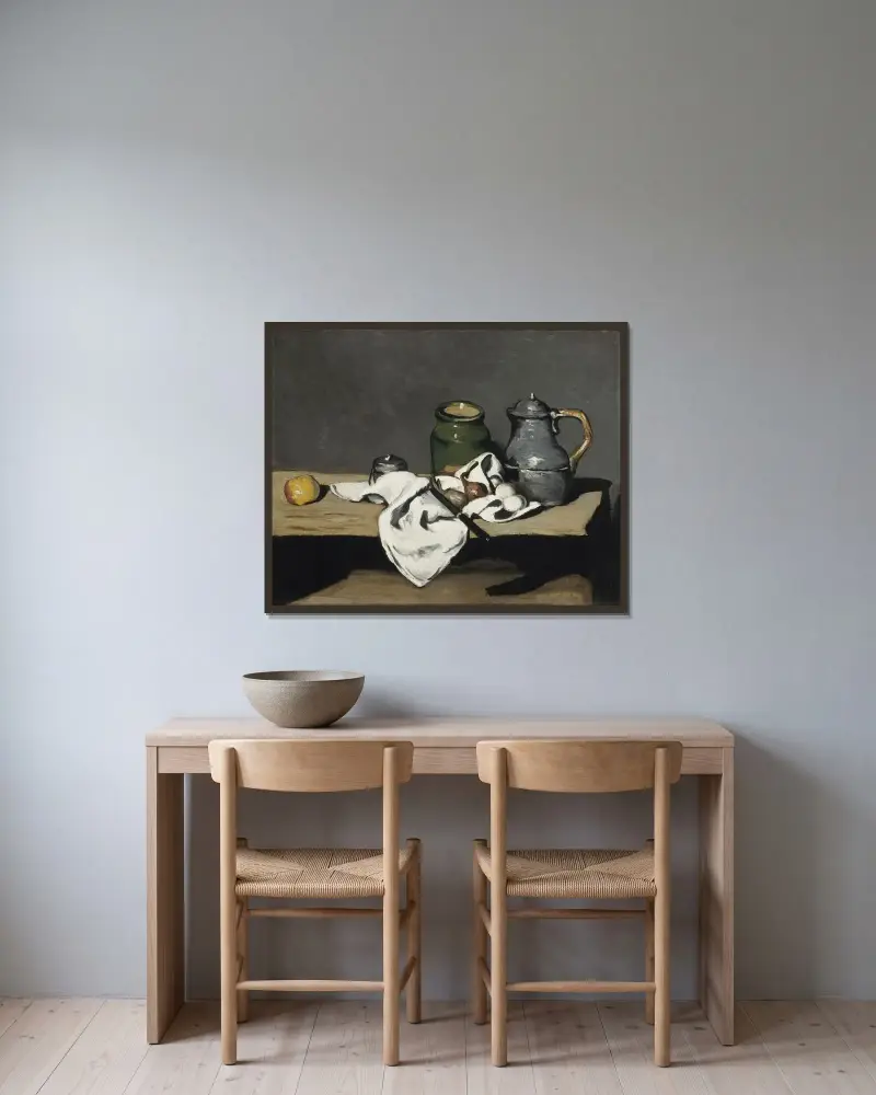 Stillleben mit Kessel von Paul Cézanne gerahmt an einer Wand