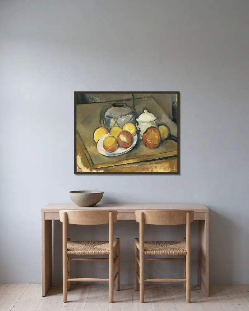 Straw-Trimmed Vase, Sugar Bowl and Apples av Paul Cézanne inramad på en vägg