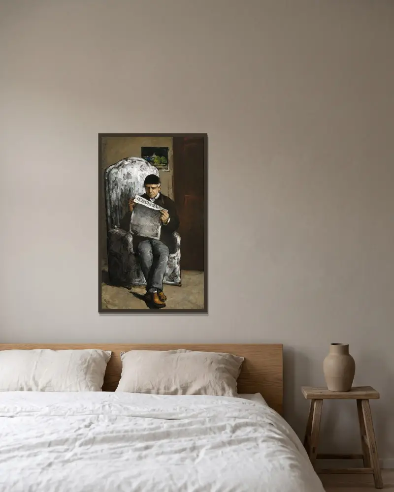 Konstnärens far, läsande L’Événement av Paul Cézanne inramad på en vägg
