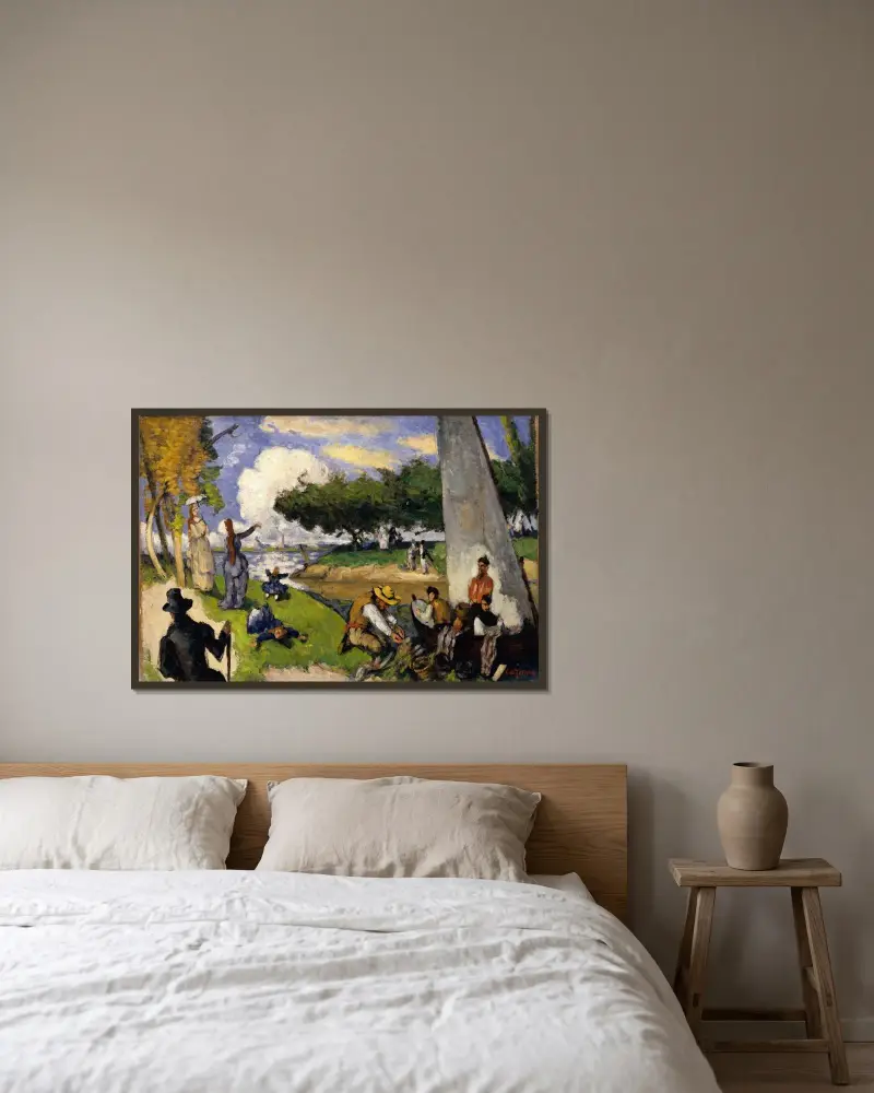 Die Fischer (fantastische Szene) von Paul Cézanne gerahmt an einer Wand