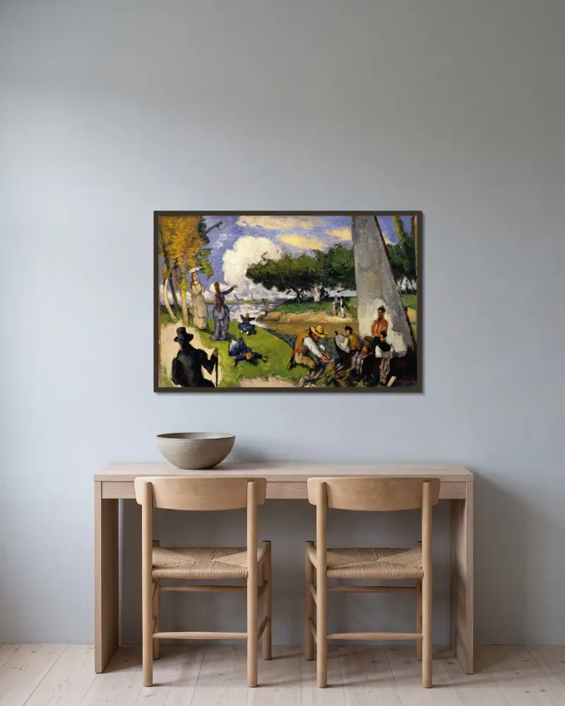 Die Fischer (fantastische Szene) von Paul Cézanne gerahmt an einer Wand