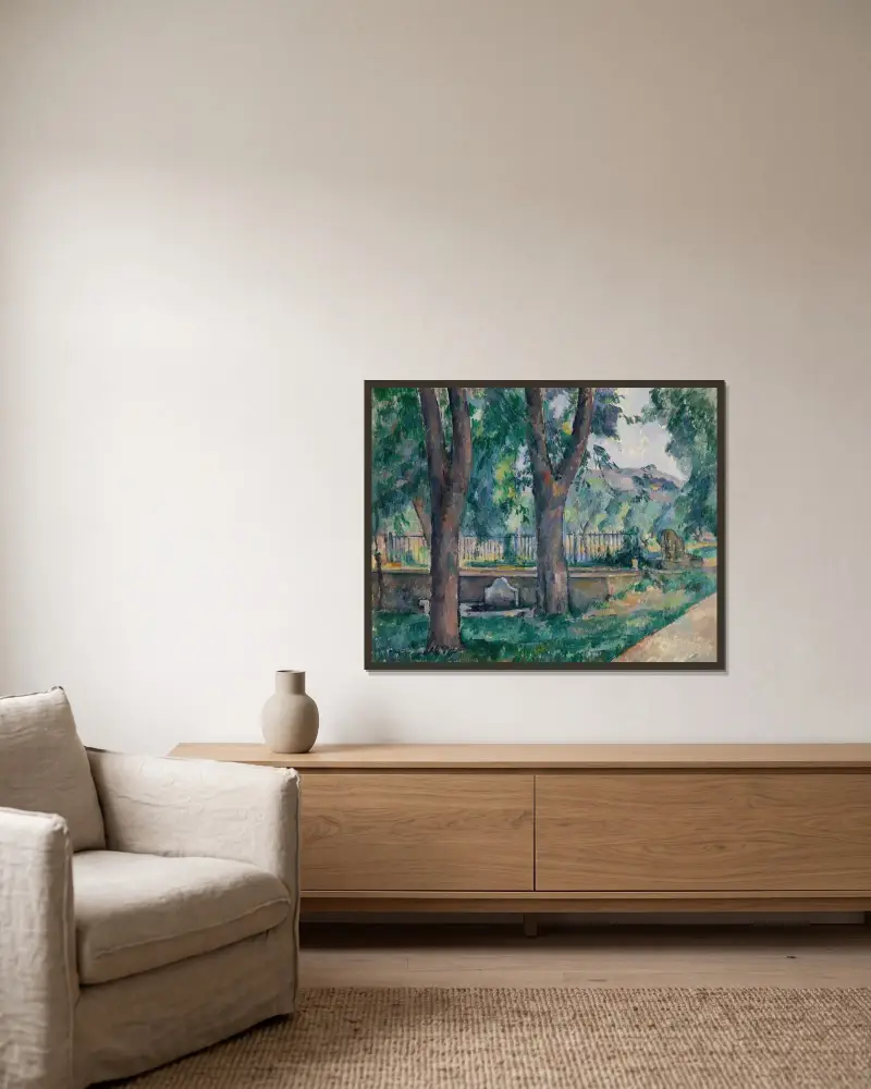 Der Teich von Jas de Bouffan, 1885 von Paul Cézanne gerahmt an einer Wand