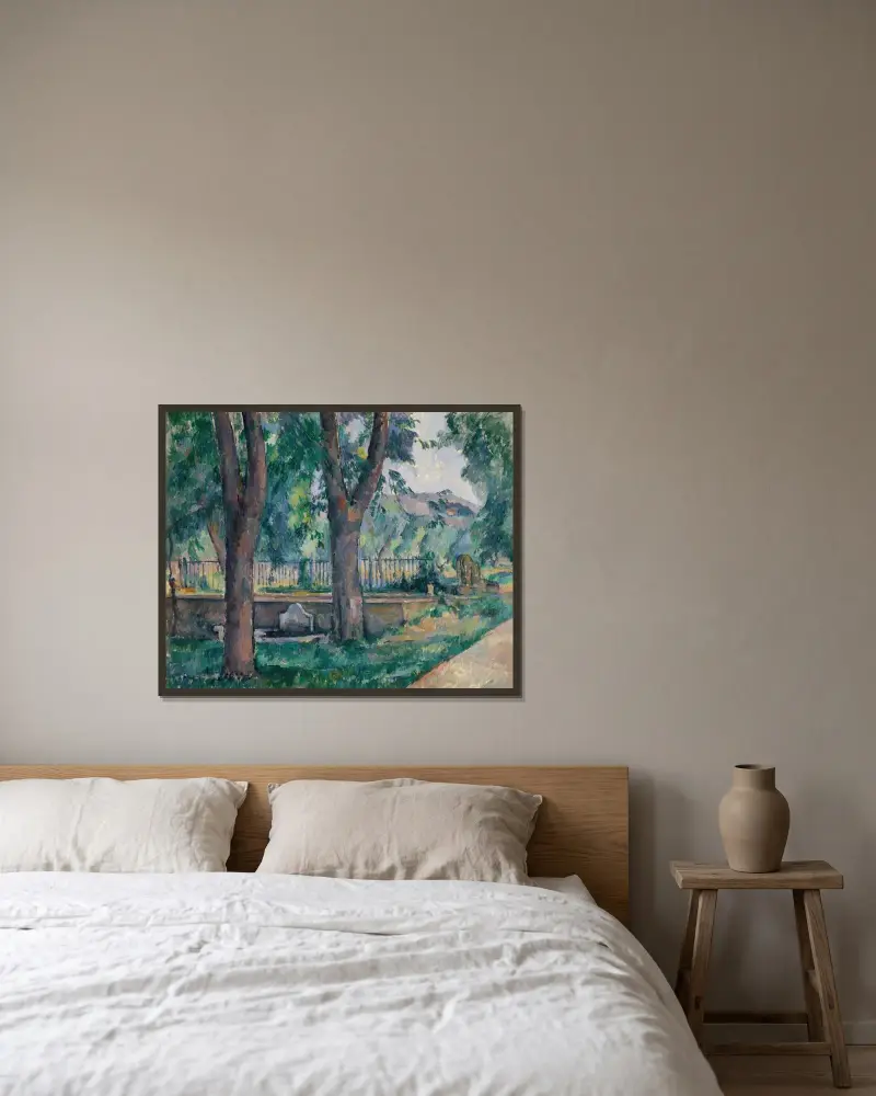 Der Teich von Jas de Bouffan, 1885 von Paul Cézanne gerahmt an einer Wand