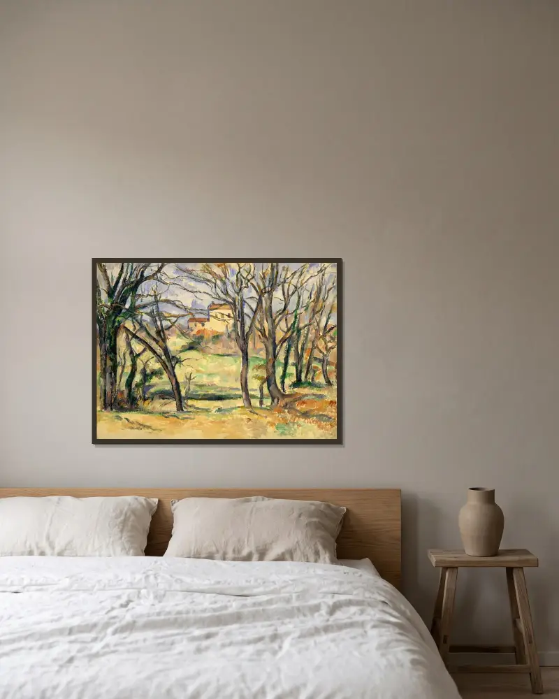 Bäume und Häuser bei Jas de Bouffan von Paul Cézanne gerahmt an einer Wand