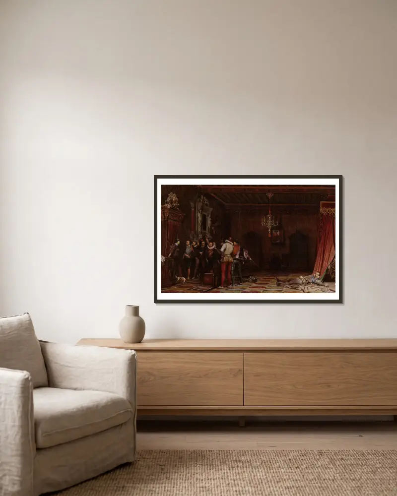 L’assassinat du duc de Guise au château de Blois en 1588 av Paul Delaroche inramad på en vägg
