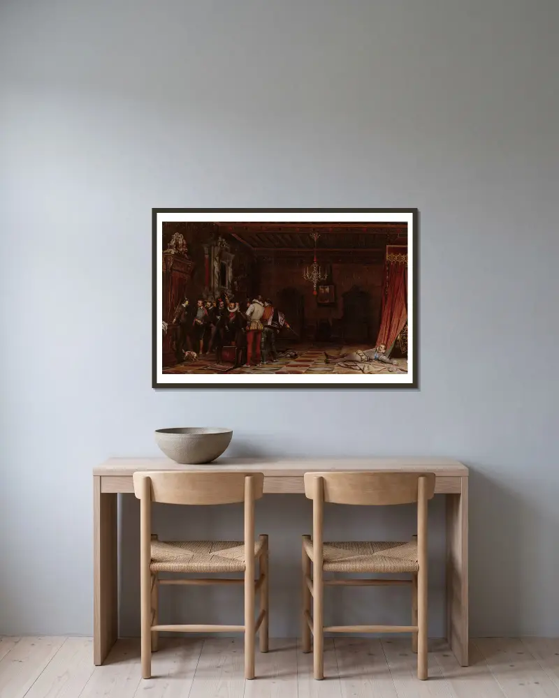 L’assassinat du duc de Guise au château de Blois en 1588 av Paul Delaroche inramad på en vägg