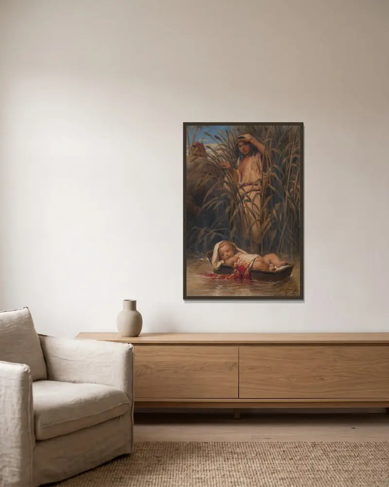 Mozes in het biezenkistje av Paul Delaroche inramad på en vägg