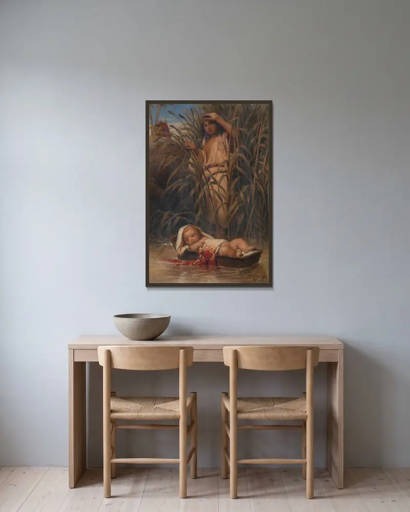 Mozes in het biezenkistje av Paul Delaroche inramad på en vägg