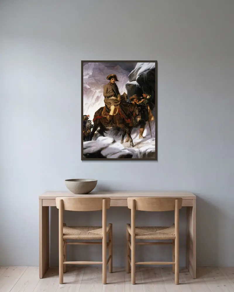 Napoleon Crossing the Alps av Paul Delaroche inramad på en vägg