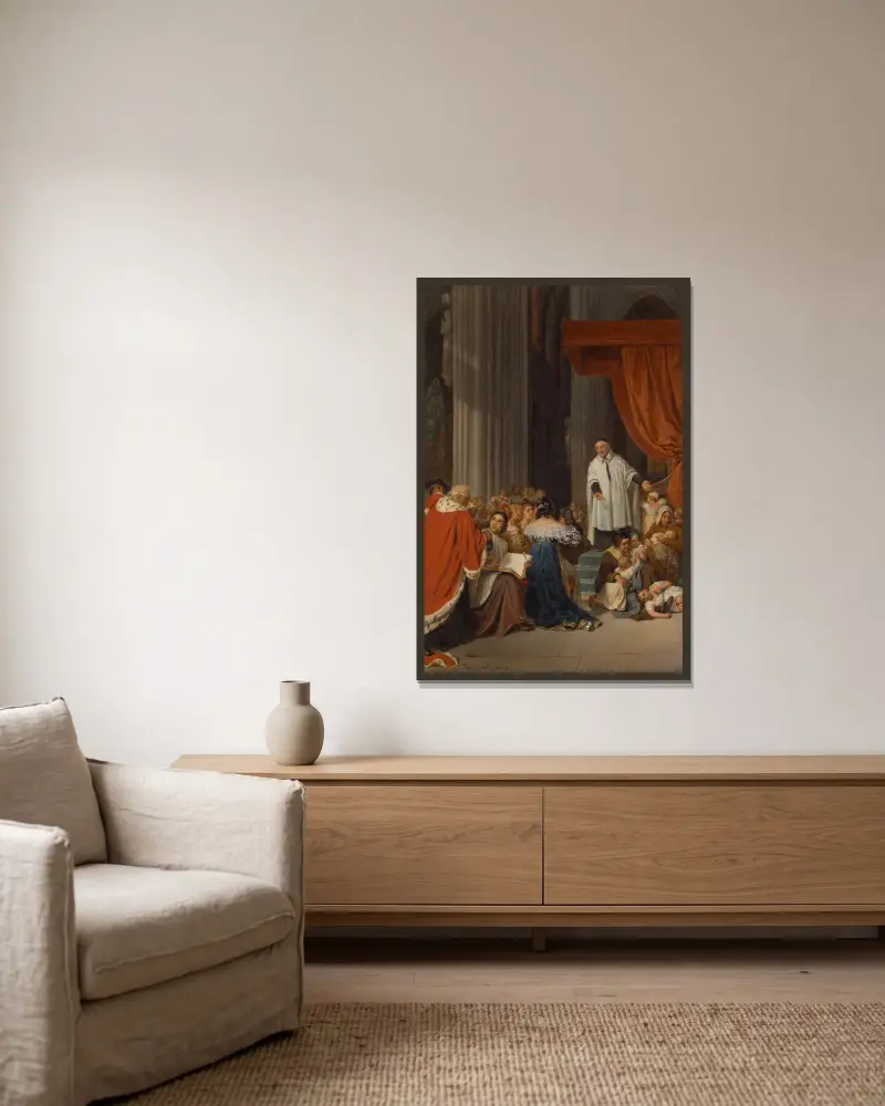 Saint Vincent de Paul Preaching to the Court of Louis XIII on Behalf of the Abandoned Children av Paul Delaroche inramad på en vägg