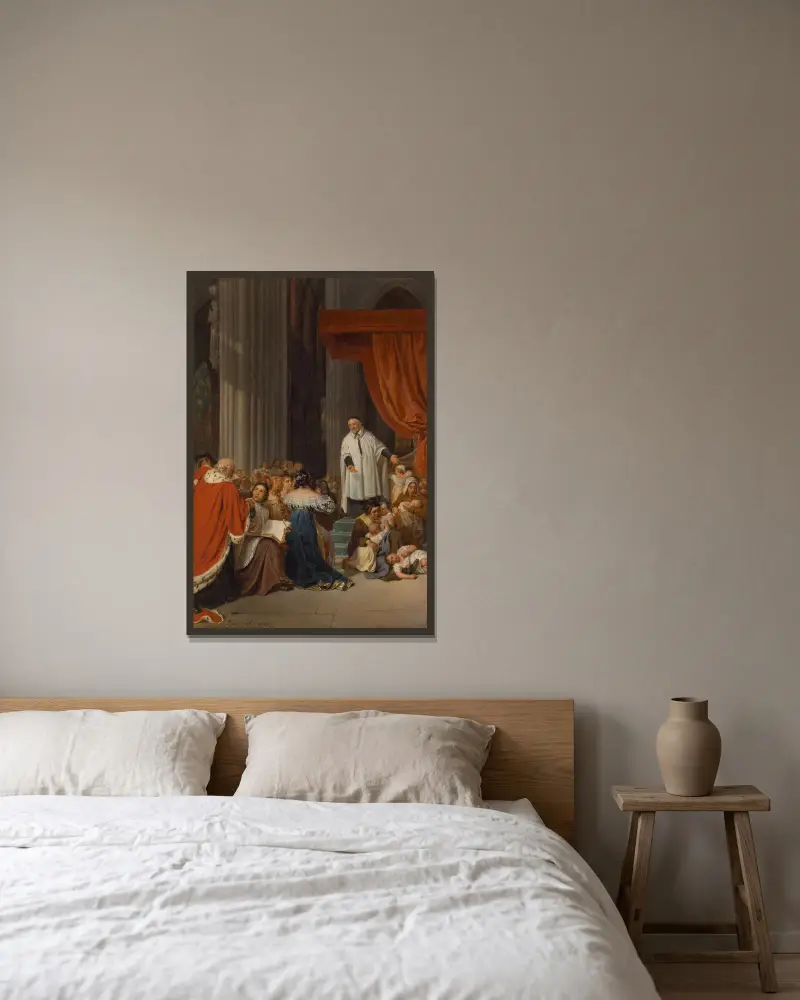 Saint Vincent de Paul Preaching to the Court of Louis XIII on Behalf of the Abandoned Children av Paul Delaroche inramad på en vägg