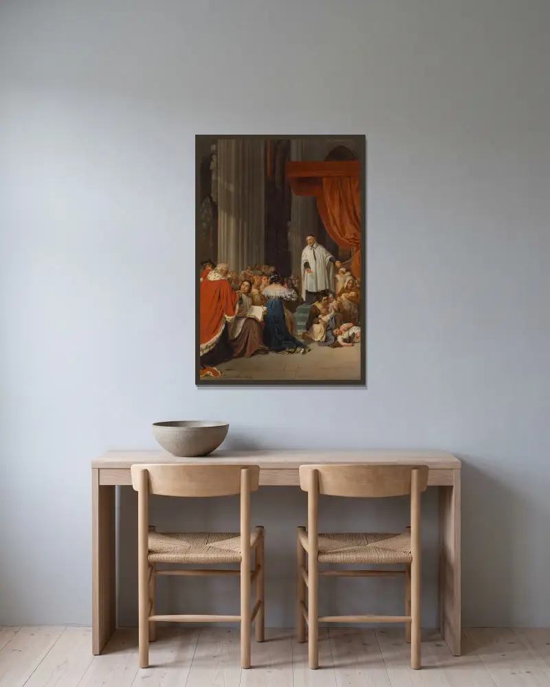 Saint Vincent de Paul Preaching to the Court of Louis XIII on Behalf of the Abandoned Children av Paul Delaroche inramad på en vägg