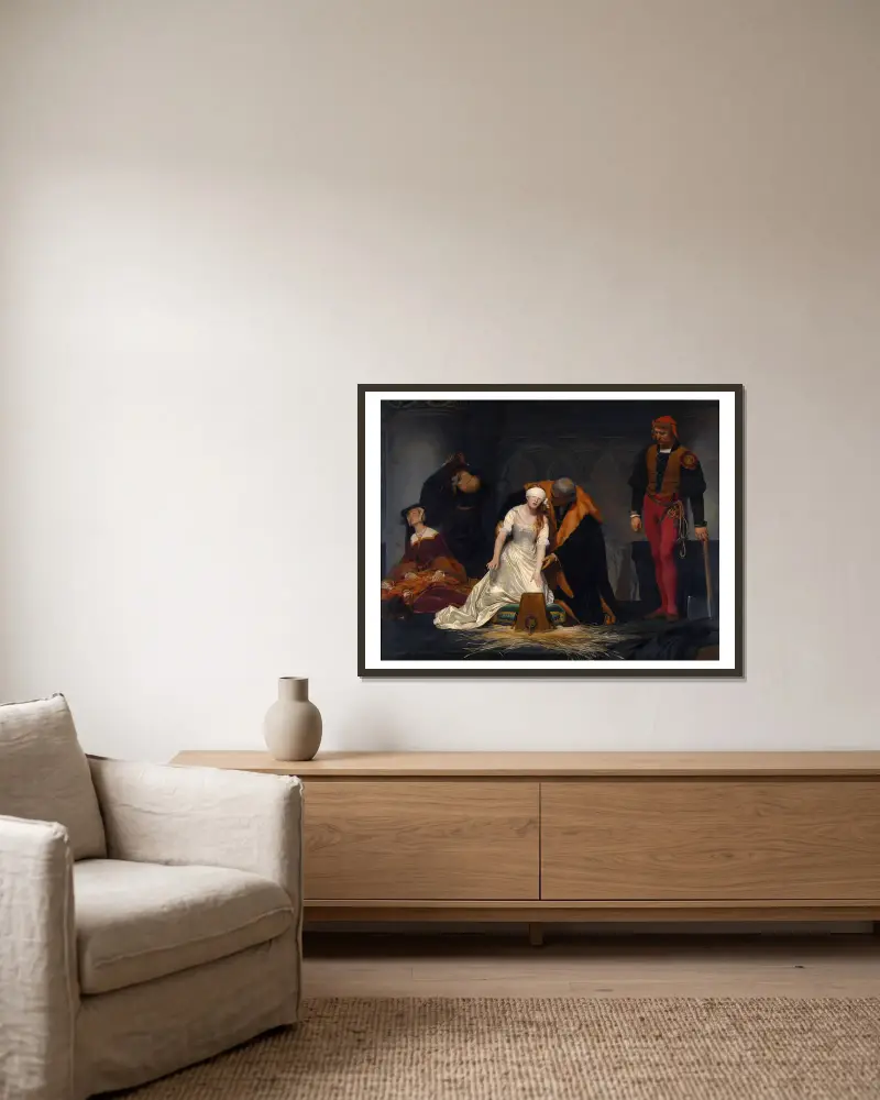 Lady Jane Greys avrättning i Towern år 1554 av Paul Delaroche inramad på en vägg