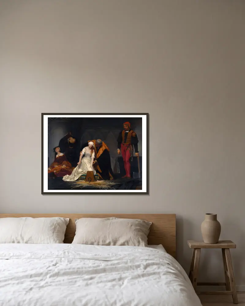 Lady Jane Greys avrättning i Towern år 1554 av Paul Delaroche inramad på en vägg