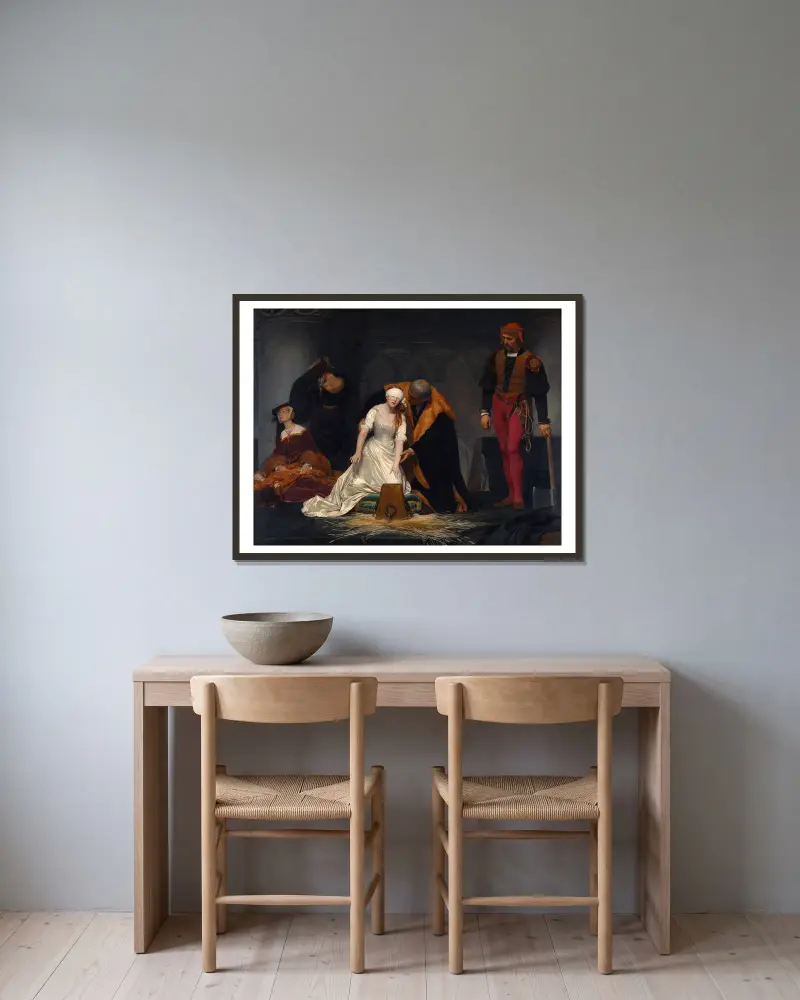 Lady Jane Greys avrättning i Towern år 1554 av Paul Delaroche inramad på en vägg