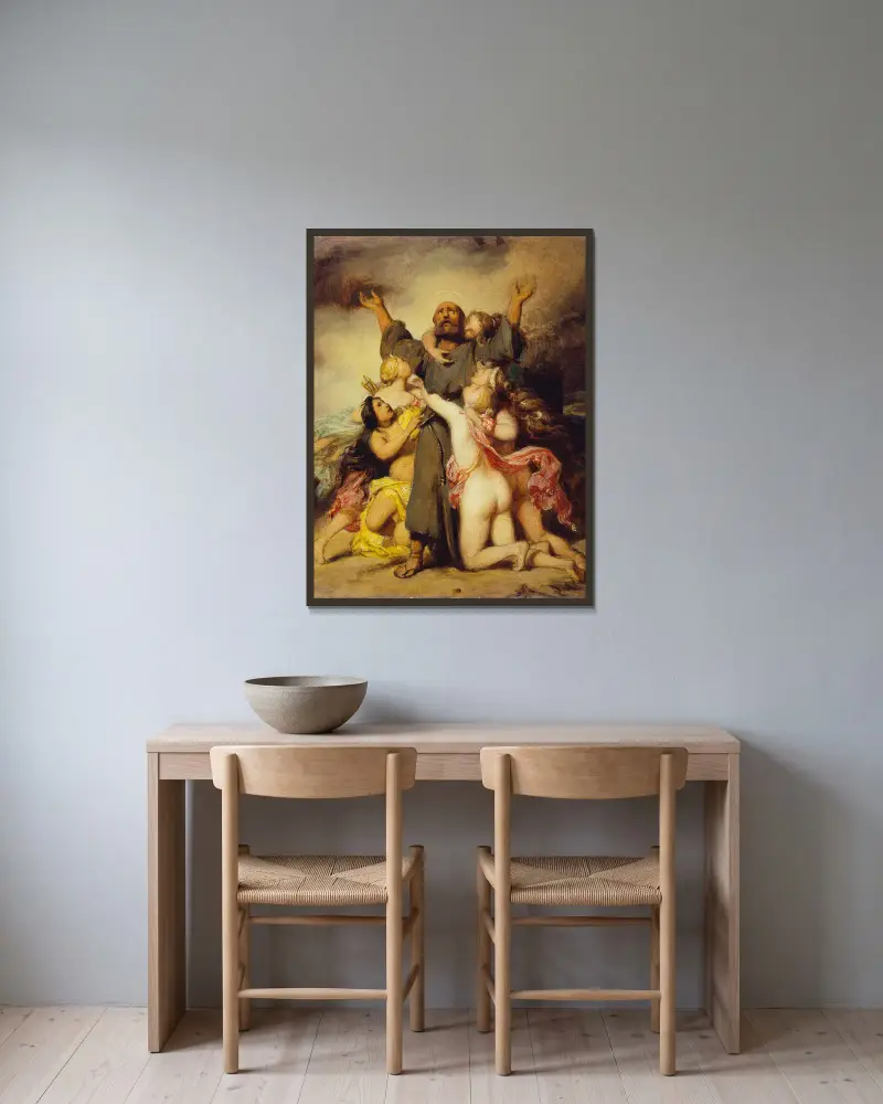 The Temptation of Saint Anthony av Paul Delaroche inramad på en vägg