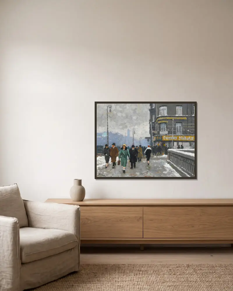 A winter street av Paul Fischer inramad på en vägg