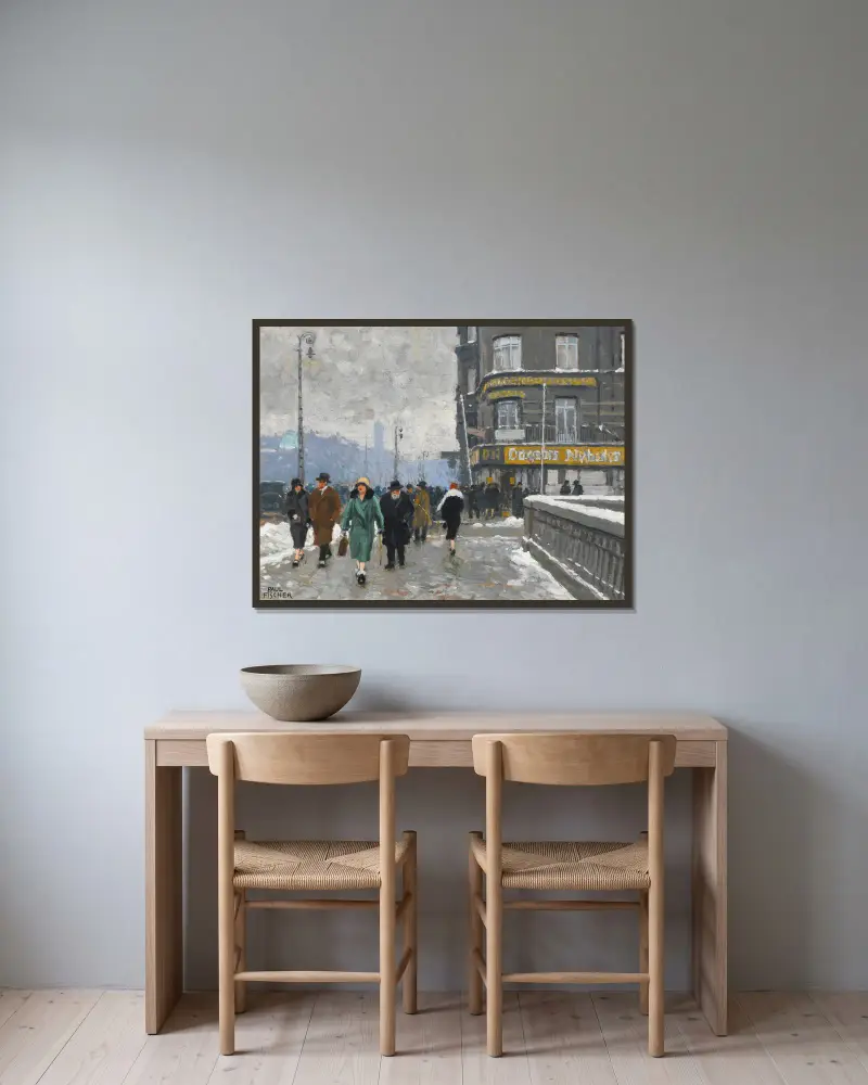 A winter street av Paul Fischer inramad på en vägg